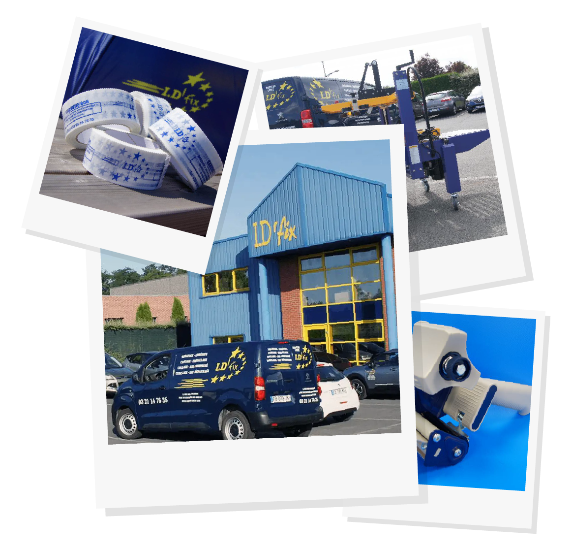 Pêle-mêle de photos de l'entreprise ID'FIX présentant la façade de ses locaux, ses véhicules d'intervention, des rouleaux de ruban adhésif personnalisés et du matériel d'emballage industriel.